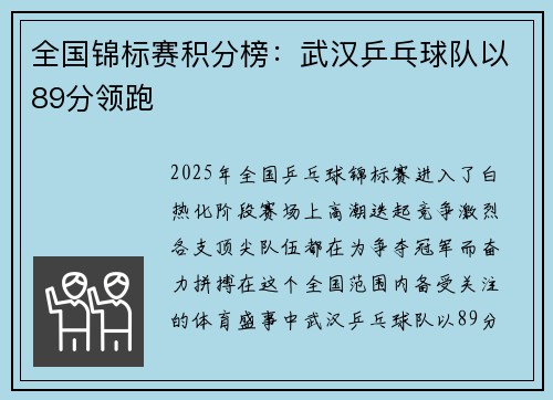 全国锦标赛积分榜：武汉乒乓球队以89分领跑