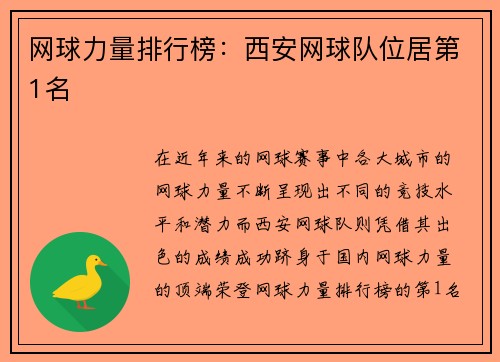 网球力量排行榜：西安网球队位居第1名