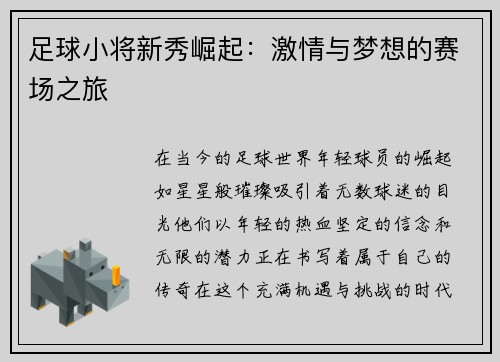 足球小将新秀崛起：激情与梦想的赛场之旅