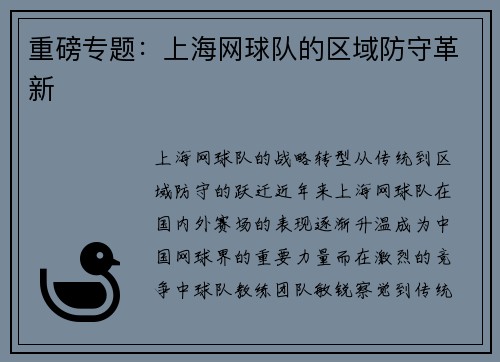 重磅专题：上海网球队的区域防守革新