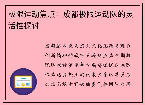 极限运动焦点：成都极限运动队的灵活性探讨