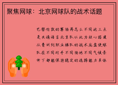 聚焦网球：北京网球队的战术话题